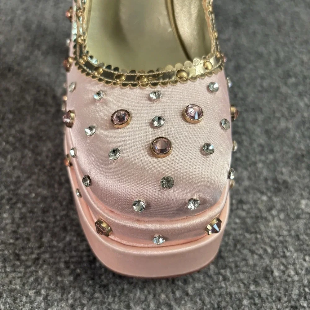 Azalea Wang Clea Satin Bejeweled  Pink Platform Heels 9